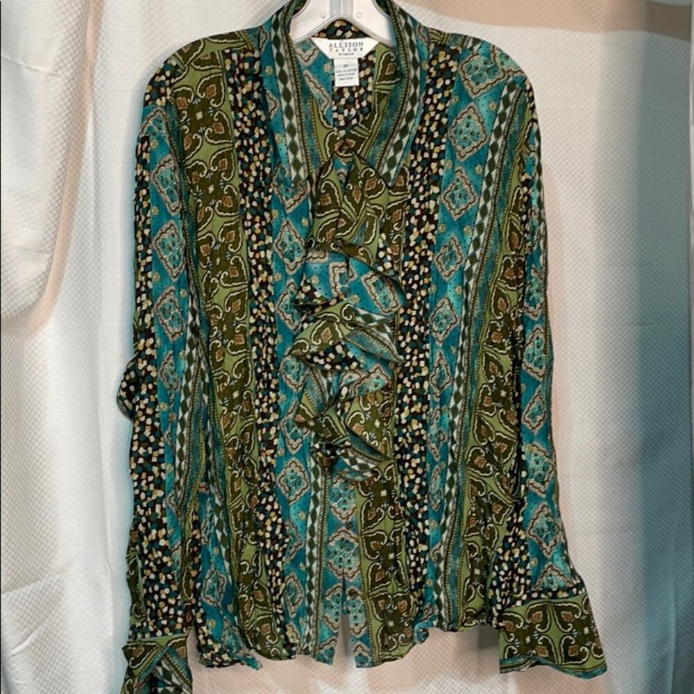 Allison Taylor 3x teal brown olive crinkle blouse.